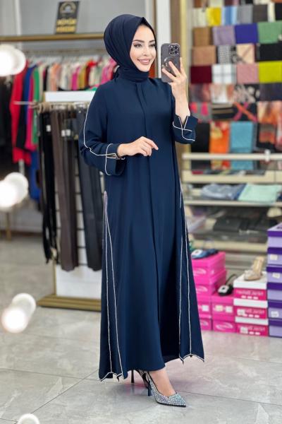 5035 Kol Ve Yanları Taş Detaylı Ferace Lacivert