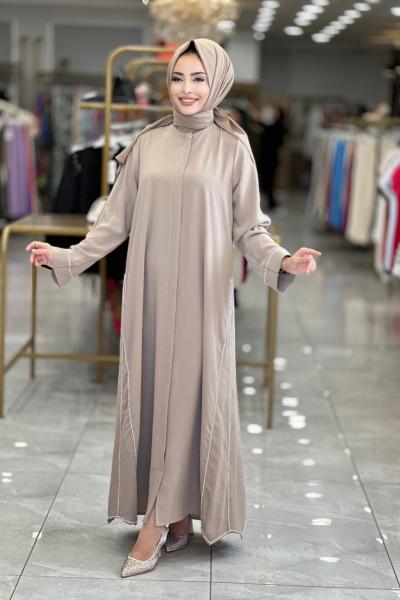 5035 Kol Ve Yanları Taş Detaylı Ferace Bej