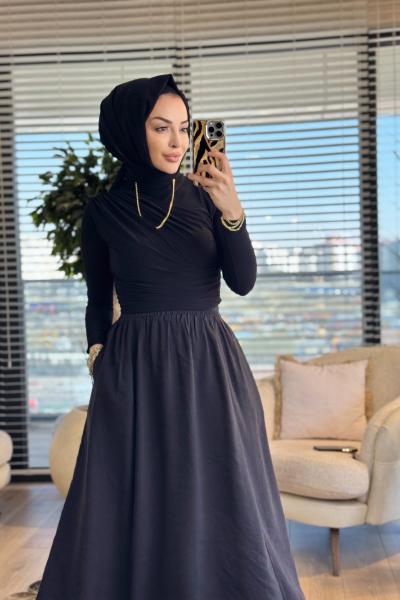 5036 Beli Lastikli Cepli Kırışık Etek Siyah