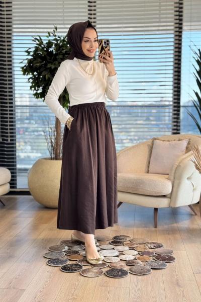 5036 Beli Lastikli Cepli Kırışık Etek Koyu Kahve