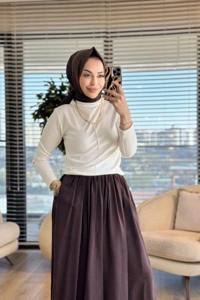 5037 Bel Arkası Lastikli Cepli Etek Kahve