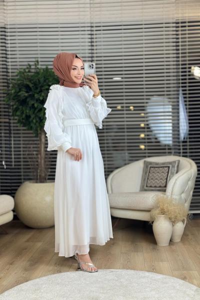 5039 Şifon Omuzları Çiçek Detaylı Elbise Ekru