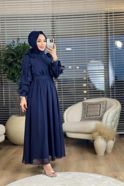 5039 Şifon Omuzları Çiçek Detaylı Elbise Lacivert