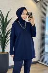 5046 Simli Kolu Katlamalı Triko Tunik Lacivert