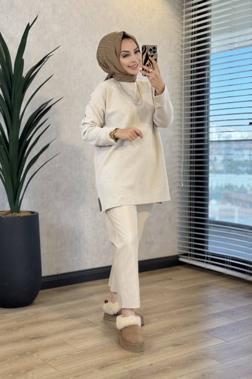 5046 Simli Kolu Katlamalı Triko Tunik Bej