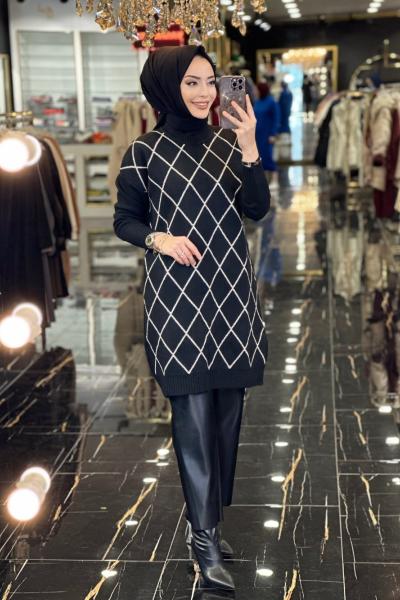 5051 Ön Sim Baklava Desen Triko Tunik Siyah