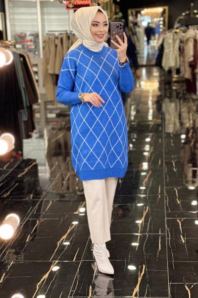 5051 Ön Sim Baklava Desen Triko Tunik İndigo