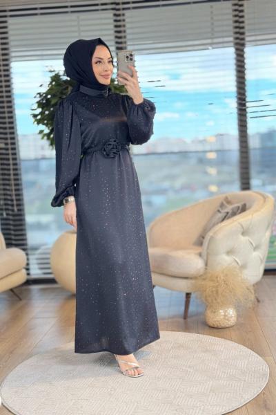 5058 Üstü Serpme Taş Baskılı Elbise Siyah