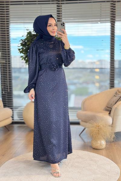 5058 Üstü Serpme Taş Baskılı Elbise Lacivert
