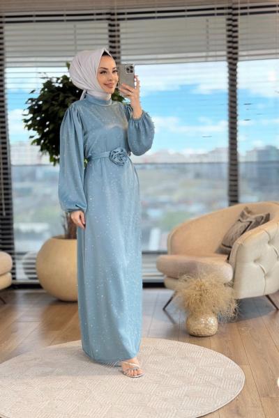 5058 Üstü Serpme Taş Baskılı Elbise Çağla