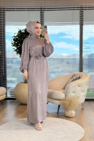 5058 Üstü Serpme Taş Baskılı Elbise Gri