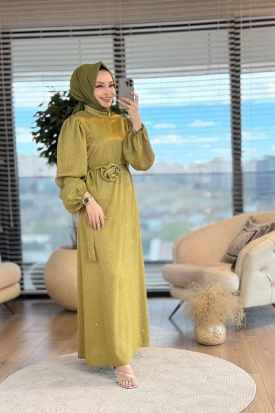 5058 Üstü Serpme Taş Baskılı Elbise Yağ Yeşili