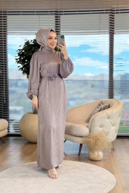 5058 Üstü Serpme Taş Baskılı Elbise Gri