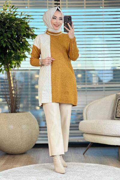 5059 Sol Tarafı Baklava Desen Triko Tunik Hardal