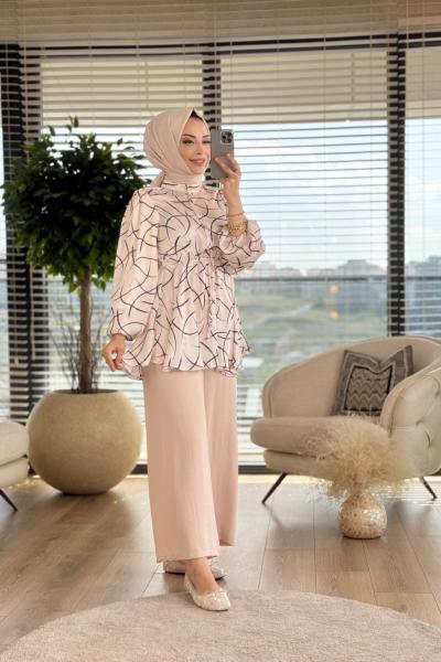 5061-1 Çapraz Çizgi Desenli Tunik Ekru