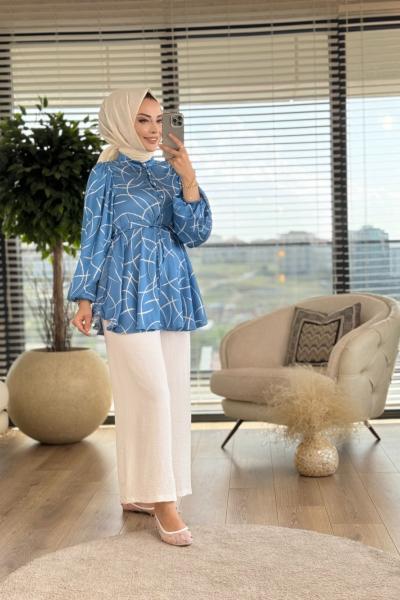 5061-1 Çapraz Çizgi Desenli Tunik Mavi