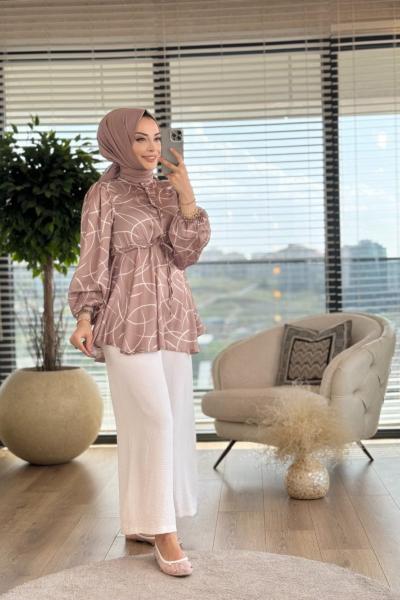 5061-1 Çapraz Çizgi Desenli Tunik Latte