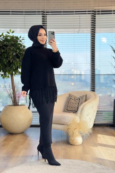 51110 Etek Ucu Saçaklı Triko Tunik Siyah