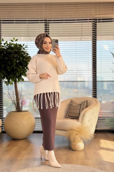 51110 Etek Ucu Saçaklı Triko Tunik Ekru