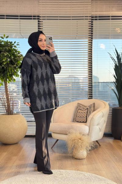 51118 Baklava Sim Desen Triko Tunik Siyah