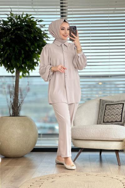 51140 Patı Üçlü Düğmeli Pantolon Takım Bej