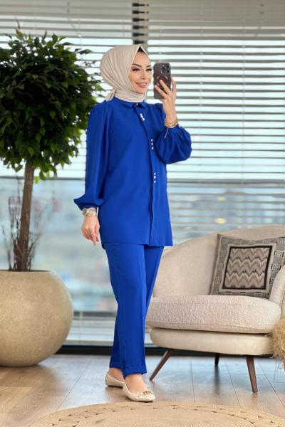 51140 Patı Üçlü Düğmeli Pantolon Takım Saks