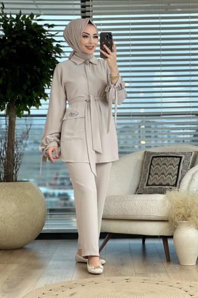 51145 Ceb Taş Detaylı Pantolon Takım Bej