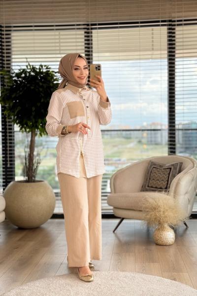 51223 Önü Fermuar Ve Çizgi Detaylı Tunik Takım Bej
