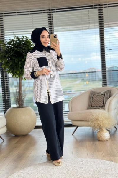 51223 Önü Fermuar Ve Çizgi Detaylı Tunik Siyah