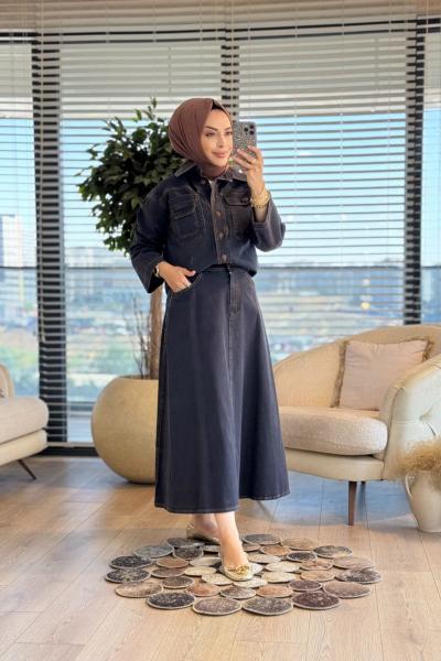 512440 Kot Önü Üç Cepli Etekli Takım Siyah