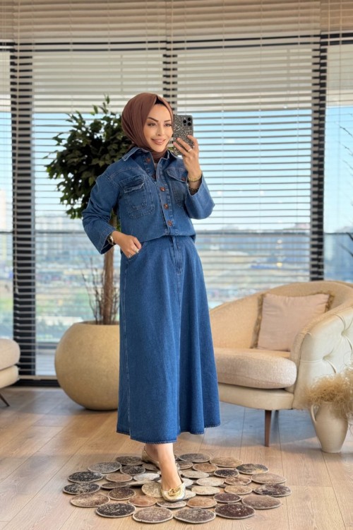 512440 Kot Önü Üç Cepli Etekli Takım Mavi