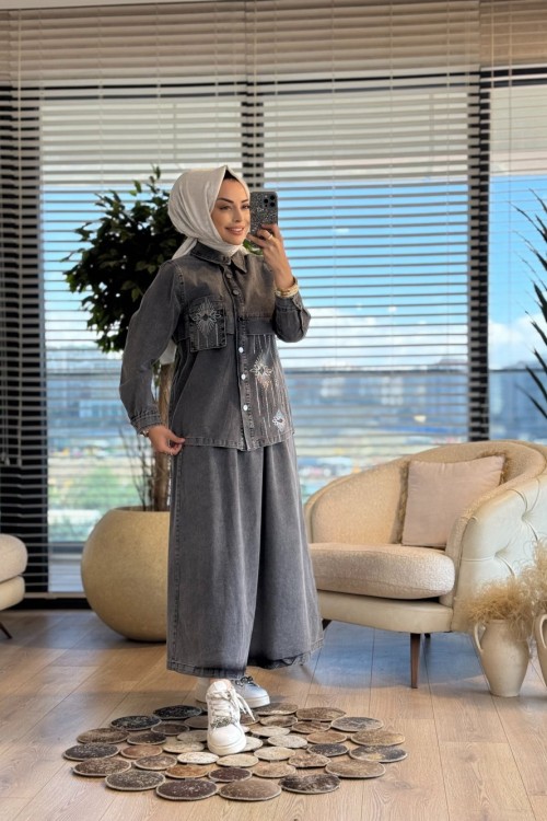 512690 Taş Detaylı Etek Gömlek Takım Siyah