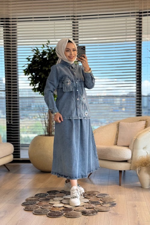 512690 Taş Detaylı Etek Gömlek Takım Mavi