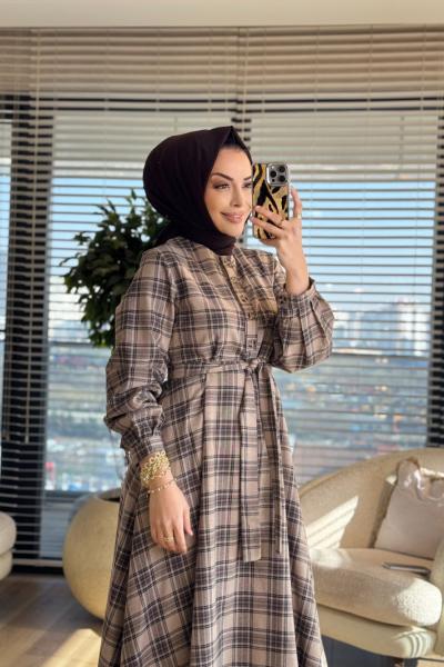 51272 Ekose Patı Düğmeli Elbise Bej