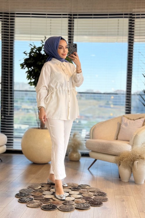 5136 Beli Parça Ve Bagcıklı Takım Ekru