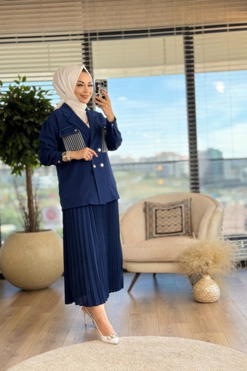 5138 Cepleri Desenli Dört Düğme Ceket Takım Lacivert