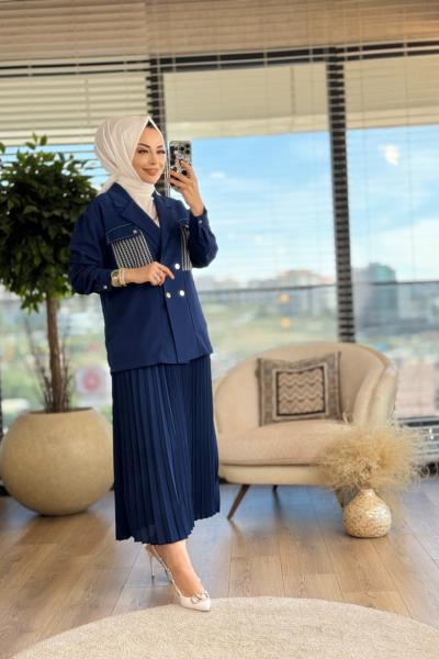 5138 Cepleri Desenli Dört Düğme Ceket Takım Lacivert