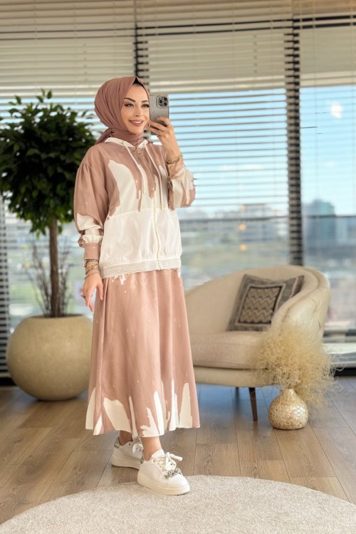 5162 Batik Desen Kapşonlu Takım Vizon