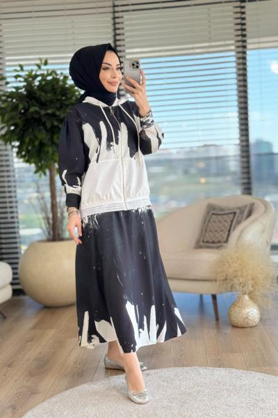 5162 Batik Desen Kapşonlu Takım Siyah