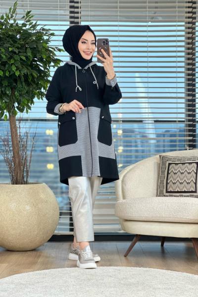 5162 Ön Cepli Fermuarlı Kapşonlu Hırka Siyah