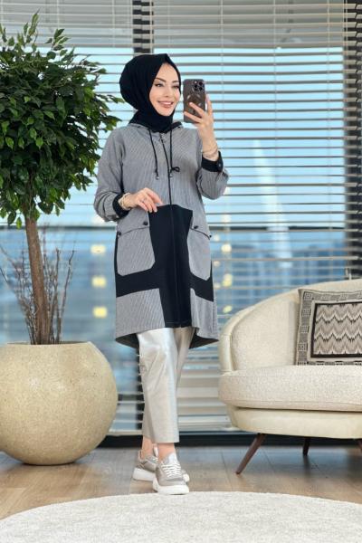 5162 Ön Cepli Fermuarlı Kapşonlu Hırka Gri