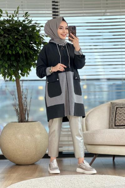 5162 Ön Cepli Fermuarlı Kapşonlu Hırka Antrasit