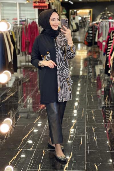 5173 Sağ Taraf Karışık Desen Tunik Siyah Hardal