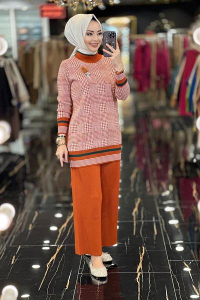 5178 Kazayağı Desen Triko Pantolon Takım Kiremit