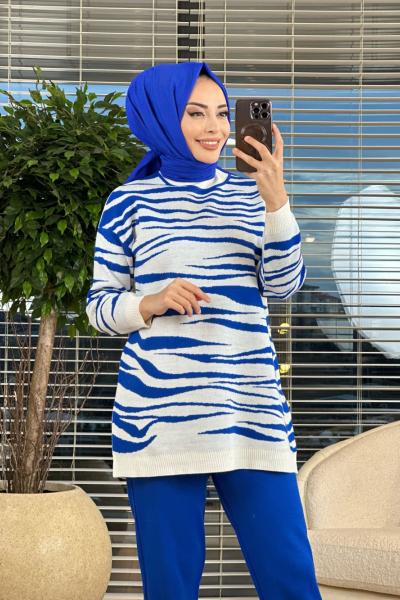 5180 Üst Zebra Desen Triko Pantolonlu Takım Saks