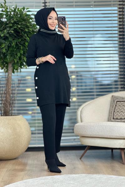 5182 Degaje Yaka Yanları Düğmeli Triko Pantolonlu Takım Siyah
