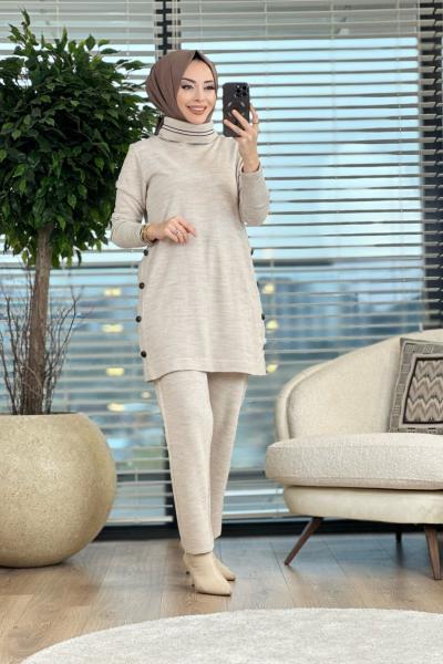 5182 Degaje Yaka Yanları Düğmeli Triko Pantolonlu Takım Bej