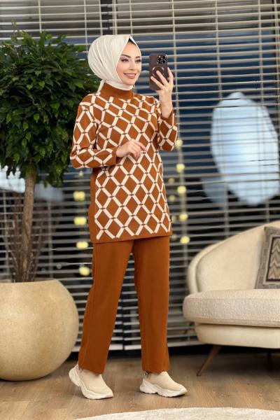 5190 Üst Baklava Desen Triko Pantolonlu Takım Taba