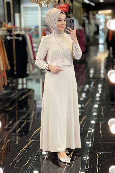 5202 Beli Parçalı Elbise Bej