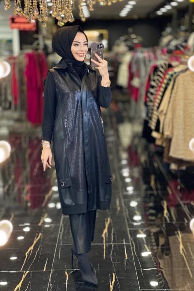 5204 Ön Deri Detay Kapşonu File Yelek Siyah